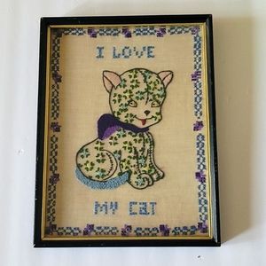 Vintage "I Love My Cat" framed cross stitch wall decor